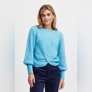 Fransa Blue Twist Front Sweater with puff sleeves